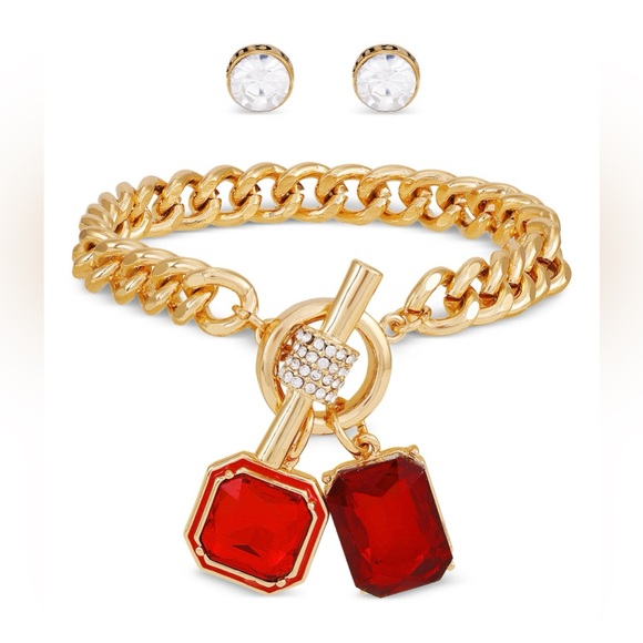 Double Stone Charm Toggle Bracelet and Stud Earring Jewelry Set - Picture 2 of 4